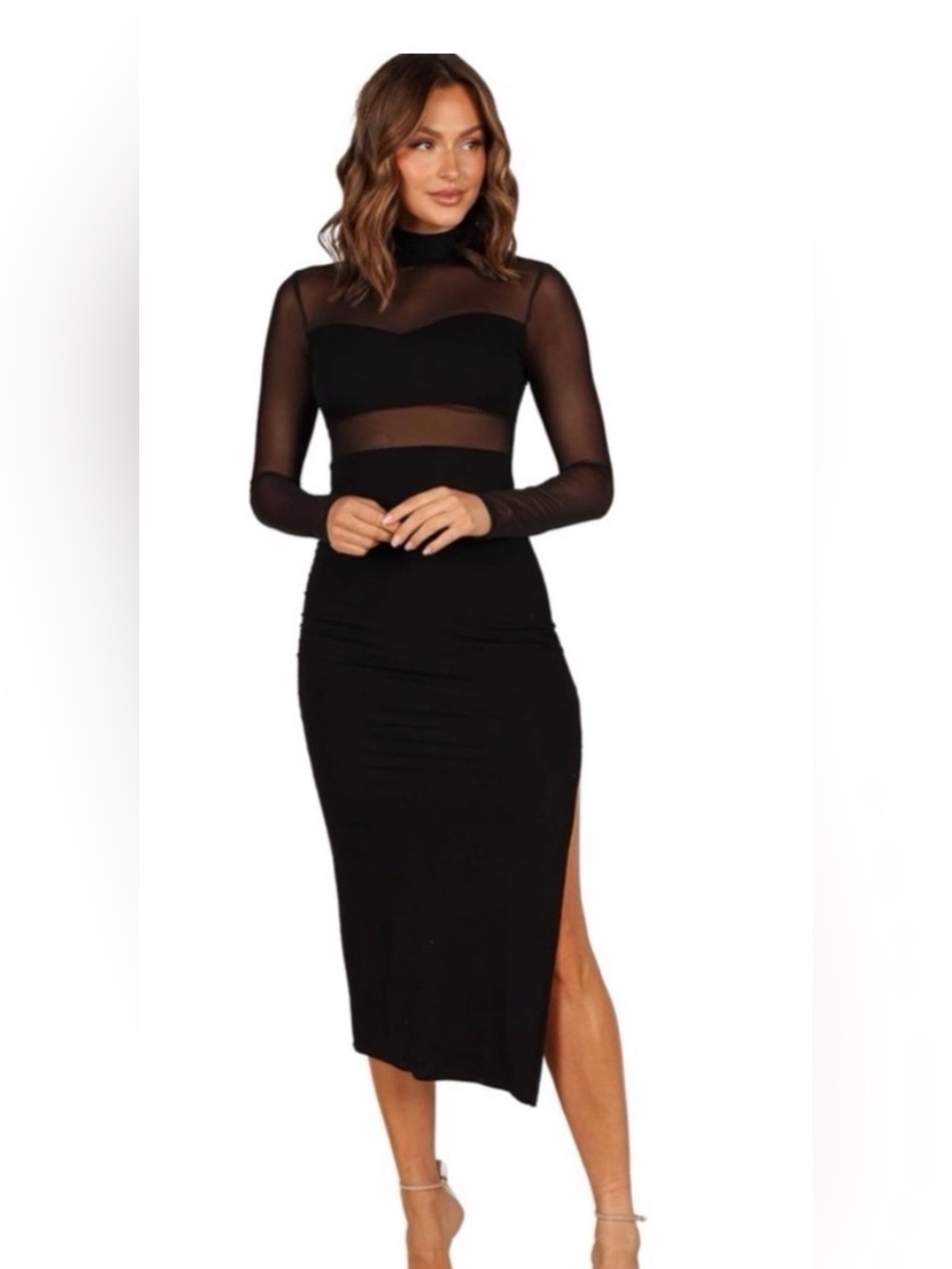 Lulu's Black Sheer-Panel Long Sleeve Midi Dress